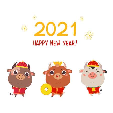 Christmas design template with oxen in traditional costume.Cute bulls with gold money.New year design of poster, card, headers website and sale concept.Vector cartoon illustration on white background.のイラスト素材