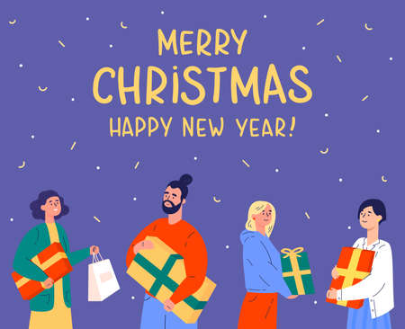 Young woman and man with Christmas presents.People on a New Year party with confetti.Holiday character design for greeting cards, stickers, prints.Vector colorful illustration with letteringのイラスト素材