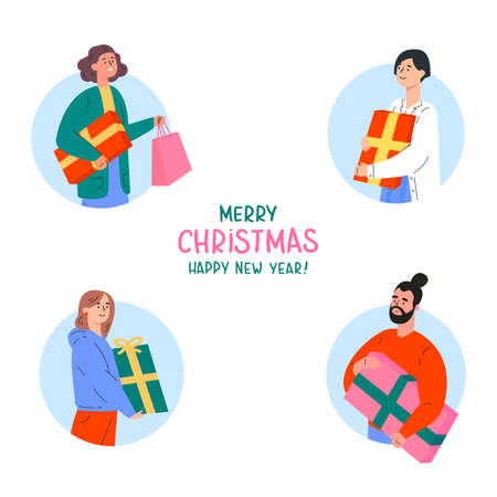 People with gifts set. Person choosing and holding presents. Happy people holding gifts, package, boxes. Modern consumers, man and women. Flat vector character illustration with lettering.のイラスト素材