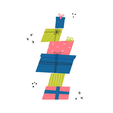 Stacked gift boxes in flat style. Merry Christmas and Happy New Year. Concept design of holiday discount sale. Design for greeting cards, stickers, prints. Vector illustrationのイラスト素材