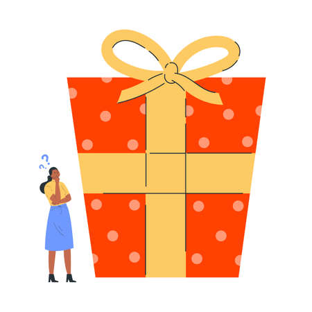 Young woman in doubt thinks about present. Girl is thinking about gift for the New Year. Confused young woman with question marks thinking about what is inside the gift. Vector colorful illustration.のイラスト素材