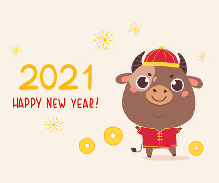Happy Chinese new year greeting card 2021.Funny animal in the Chinese zodiac.Bull zodiac symbol of the year.Chinese New Year character design concept.Cute ox in traditional costume.Vector illustrationのイラスト素材