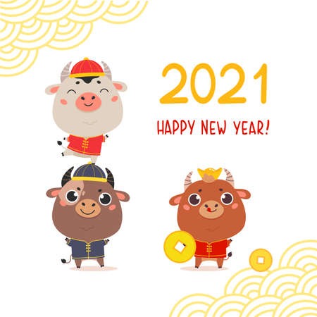 Christmas design template with oxen in traditional costume.Cute bulls with gold money.New year design of poster, card, headers website and sale concept.Vector cartoon illustration on white background.のイラスト素材