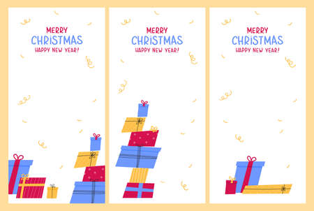 Template design for christmas sale with cute gifts.Christmas advertising.Xmas presents and lettering on the background.Set of vertical social media stories and post design.Hand drawn illustrationのイラスト素材
