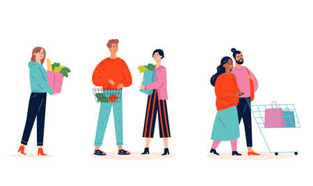 Collection of happy people with shopping bags and cart. Set of different man, woman with trolley and shopping bag isolated on white.Young people taking part in seasonal sale at mall standing in line.のイラスト素材