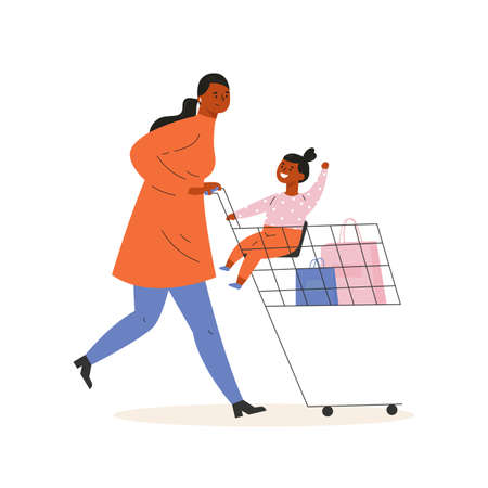 Young mother with a daughter in a cart doing shoping in a market. Woman with a child having fun. Modern store and shopping concept. Flat style vector illustration isolated on white background.のイラスト素材