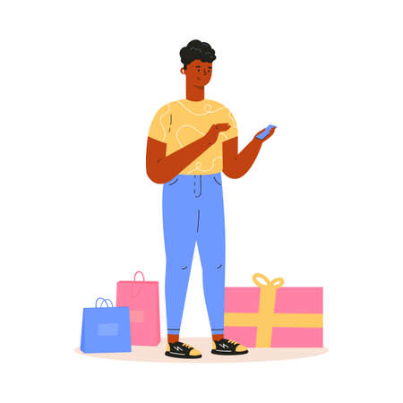 Young man doing shoping and buys gifts. Guy looking for gifts on the phone.Trendy teenager is preparing for the holidays. Vector colorful illustration in flat style.のイラスト素材