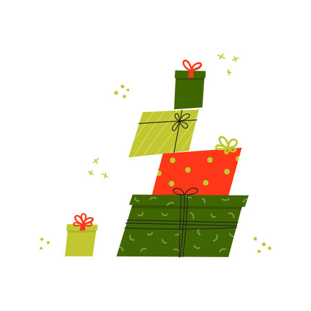 Stacked gift boxes in flat style in the colors of Christmas.Merry Christmas and Happy New Year.Concept design of holiday discount sale.Design for greeting cards, stickers, prints.Vector illustrationのイラスト素材