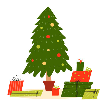 Decorated Christmas tree with gift boxes, balls isolated on whiteのイラスト素材