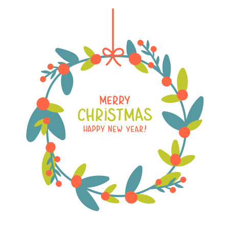 Christmas decoration wreath with Merry Christmas letter on whiteのイラスト素材