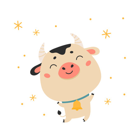 Cute cartoon ox with bell. Happy new year cattle.Chinese new year 2021 symbol.Holiday animal on white background with snowflakes for the design of calendars, cards, advertising.Vector illustration.のイラスト素材