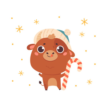 Cute cartoon ox with holiday candy and hat.Happy new year cattle.Chinese new year 2021 symbol.Holiday animal on white background for the design of calendars, cards, advertising.Vector illustration.のイラスト素材
