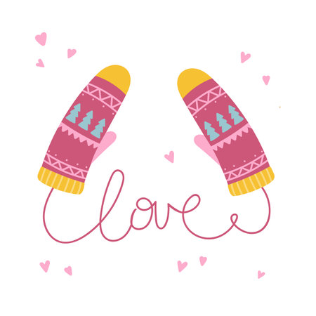 Knitted mittens with the lettering love. Template for celebration, greeting, card, congratulations, invitations, stickers,special give away package, vector icon, flat illustration. Cozy poster.のイラスト素材