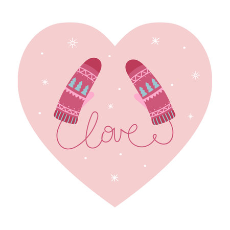 Knitted mittens with the lettering love. Template for celebration, greeting, card, congratulations, invitations, stickers,special give away package, vector icon, flat illustration. Cozy poster.のイラスト素材