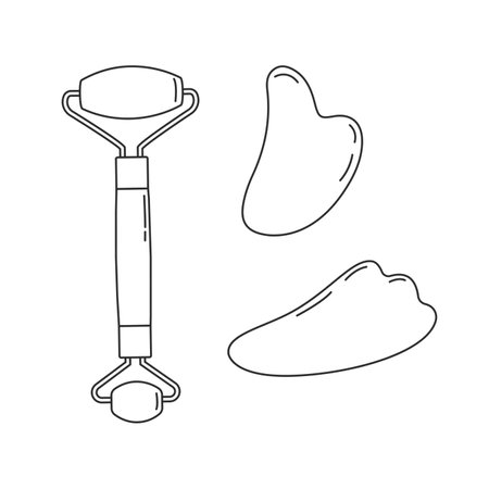 Skin care products for SPA. Line vector set of massage roller, gua sha stone isolated on white background. Home beauty routine essensials concept. Flat vector hand drawn illustration.のイラスト素材