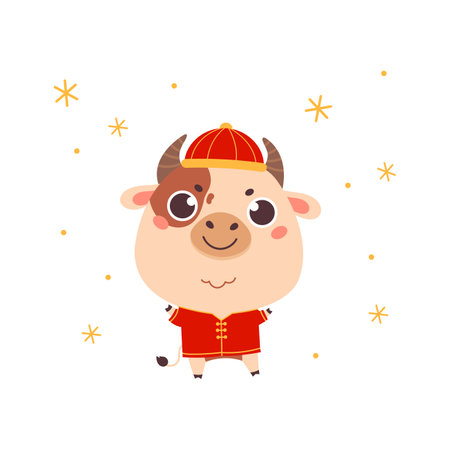 Cute cartoon ox in a traditional costume and hat.Happy new year.Chinese new year 2021 symbol.Holiday animal on white background for the design of calendars, cards, advertising.Vector illustration.のイラスト素材