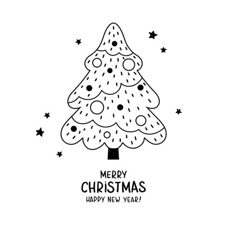 Christmas holiday tree. Happy New Year postcard. Hygge template for card, poster, advertising. Black and white vector illustrationのイラスト素材