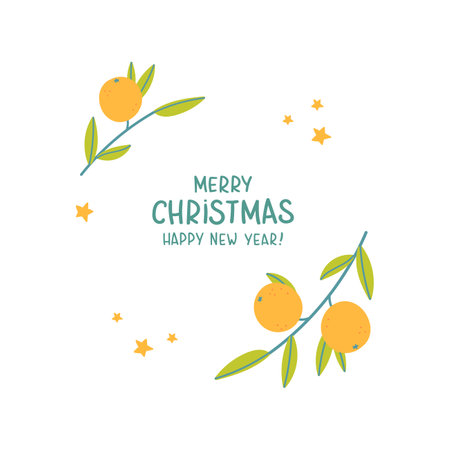 Lettering with tangerine. Template for celebration, greeting, congratulations, invitations, stickers,special give away package, vector icon, flat illustration. Merry Christmas card. Cozy poster.のイラスト素材
