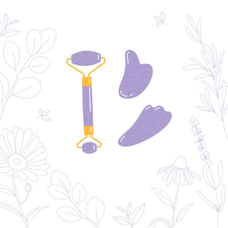 Skin care products for SPA. Vector set of massage roller, gua sha stone isolated on white background with flowers. Home beauty routine concept. Flat vector hand drawn illustration.のイラスト素材
