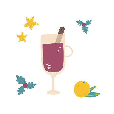 Mulled wine with glass and ingredients. Cinnamon stick, orange. Isolated on white background. Vector hand drawn color illustration.のイラスト素材