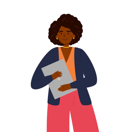 Business woman holding a laptop. Fashionable African American woman at work. Vector flat style cartoon illustration.のイラスト素材