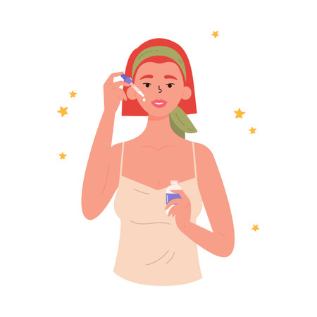 The girl applies a cosmetic product on the skin with a pipette. Young beautiful woman with bottle of face oil. Anti-aging skin care method. Vector flat illustration on white.のイラスト素材