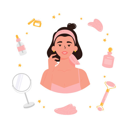 Young beautiful woman with bottle of face serum, facial gua sha stone,roller,mirror,cream. Facial yoga. Brunette woman massaging her face. Anti-aging skin care method. Vector flat illustration.のイラスト素材