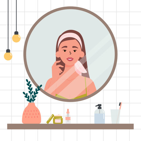 Beauty routine. Face and body skin care concept. Woman looking at herself in the mirror. Attractive girl with various cosmetics and accessories in a bathroom. Hand drawn trendy colored illustration.のイラスト素材