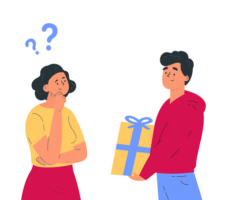 Man gives a woman a gift. Woman having a question. Male and female characters standing opposite each other. Doubts or interest in relationship. Surprise. Vector illustration in trendy color.のイラスト素材