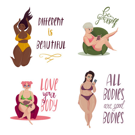 Happy body positive concept. I love my body. Attractive overweight woman. For Fat acceptance movement, no fatphobia. Different plus size women. Illustration on white background with lettering.のイラスト素材