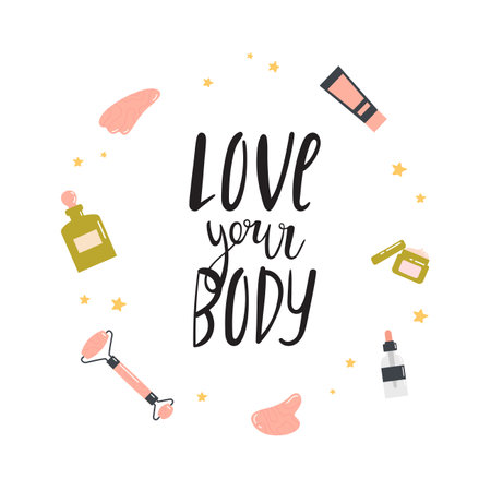 Beauty routine. Face and body skin care concept. Cleansing,, treating, gua sha stone. Various cosmetics. Bathroom accessories. Hand drawn vector set. Illustration with lettering. Love your body.のイラスト素材
