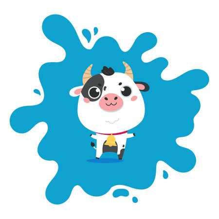 Cow cartoon. Cute farm milk animal character with splashes on the background. Vector funny mascot. Vector Illustration of farm cow for printing on products and packaging containing milk.のイラスト素材