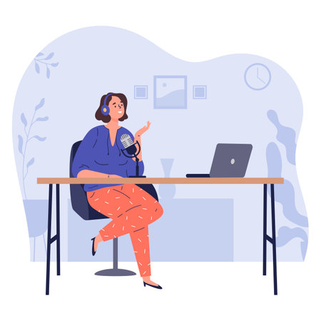 Radio host. Podcast concept illustration. Young happy woman radio hosts character podcaster talking communicating in home studio. Vector cartoon illustration in flat style.のイラスト素材