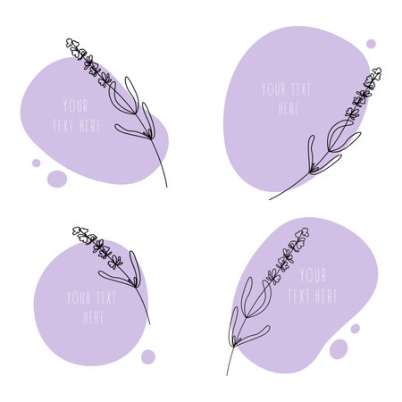 Abstract line art leaf. Lavender contour drawing. Set of minimal art leaf on abstract shapes background. Modern minimal black and white botanical illustration. Background template with space for text.のイラスト素材