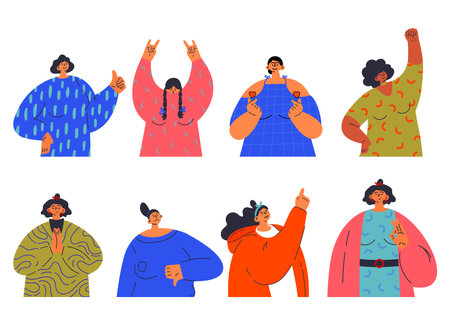 Set of different women. Women show different gestures. Feminism concept. Woman empowerment. Flat vector illustration. Colorful cartoon characters design.のイラスト素材