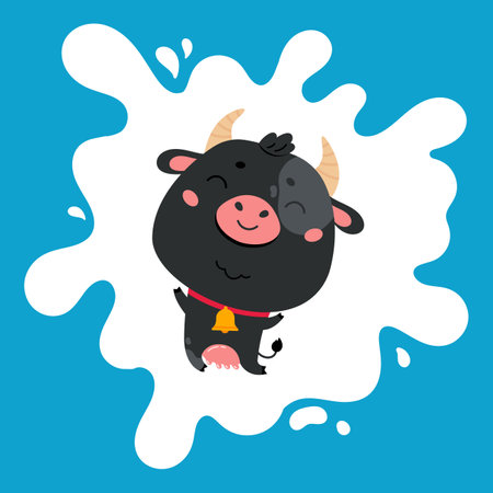Cute cartoon farm milk animal character on blue background. Vector funny mascot. Vector Illustration of farm cow for printing on products and packaging containing milk.のイラスト素材