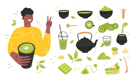 Green matcha tea serve and drink by a young man. Matcha latte healthy drink. Various tea products made from matcha. Japanese tea culture. Hand drawn vector colored trendy illustration.のイラスト素材