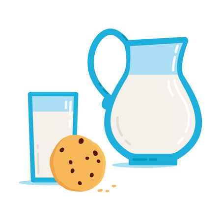 Illustration of jug and glass of milk and cookies. Cute cartoon clipart on white background. Vector illustration for printing on products and packaging containing milk in simple style.のイラスト素材