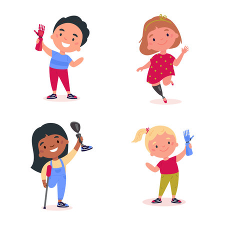 Set of special needs children. Happy children with disabilities. Kids with leg and arm prosthesis. Differing abilities. Funny cartoon character using prosthesis. Vector illustration in flat style.のイラスト素材
