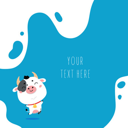 Cute cartoon farm milk animal character on blue background. Vector funny mascot. Vector Illustration of farm cow for printing on products and packaging containing milk.のイラスト素材