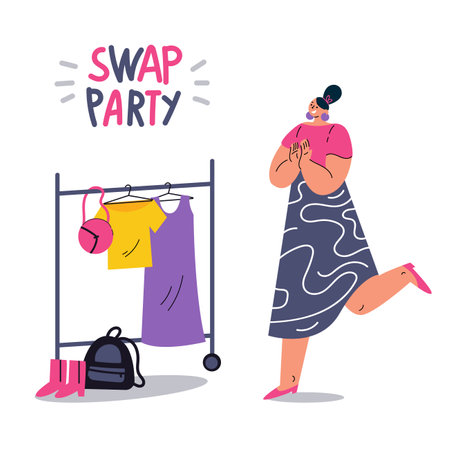 Woman trying on new clothes. Young social and eco responsible girl at fashion swap party. Idea of exchange your old wardrobe for new. Eco-friendly cloth exchange. Vector cartoon flat illustration.のイラスト素材