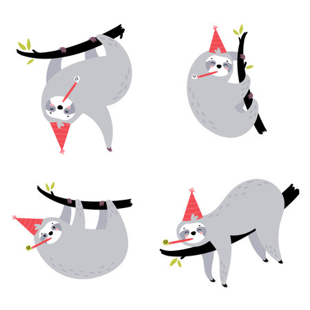 Set of cute sloths hanging on the tree. Lazy animal characters. Jungle animal collection with a birthday cap on their head. Design for t shirt print, greeting card, poster.Vector illustration.のイラスト素材