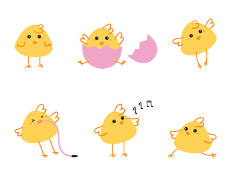 Easter set of chickens. Set of cute cartoon farm chickens isolated on white background. Farm bird in trendy flat style. Vector illustration design for cards, stickers, prints.のイラスト素材