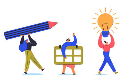 Time management concept. Office worker. Tiny young woman carry big calendar, light bulb, pencil. Cartoon characters isolated on white background. Flat color vector illustration.のイラスト素材