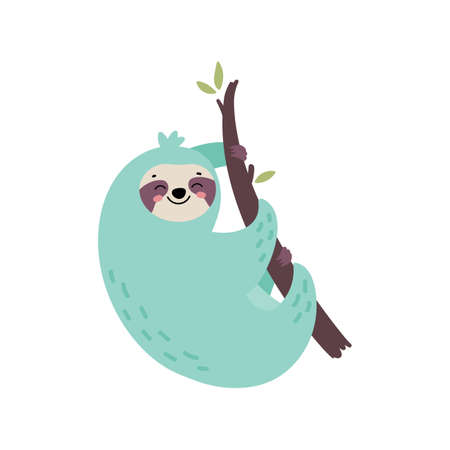 Cute hand drawn sloth hanging on the tree. Lazy animal character. Jungle animal. Design for t shirt print, greeting card, poster. Hand drawn vector illustration.のイラスト素材