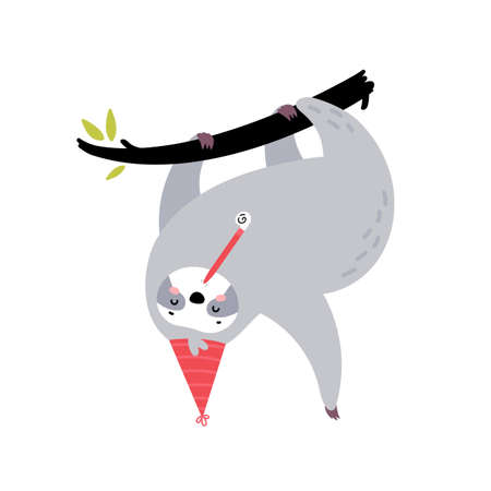 Cute hand drawn sloth hanging on the tree. Lazy animal character in a festive birthday cap. Design for t shirt print, greeting card, poster. Hand drawn vector illustration.のイラスト素材