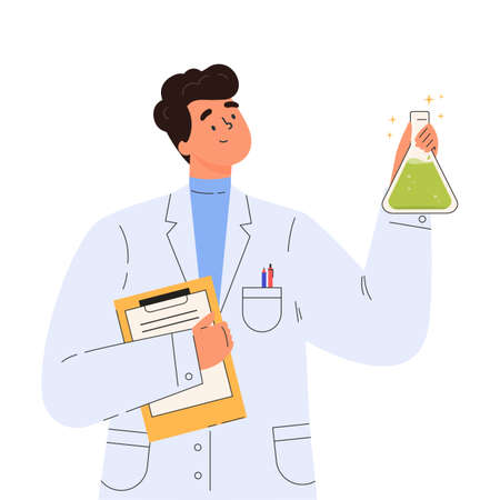 Vaccine discovery concept. Scientists doctor with flasks and folder working on antiviral treatment development. Young male doctor in a medical gown. Vector illustration in flat cartoon style.のイラスト素材