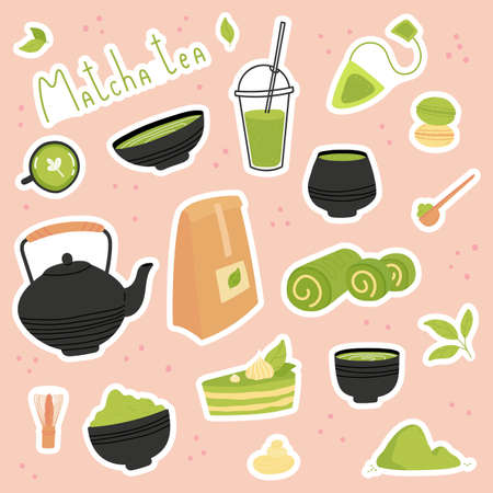 Green matcha tea. Set of Matcha healthy drink stickers. Various tea products. Japanese tea culture. Hand drawn vector colored trendy illustration.のイラスト素材