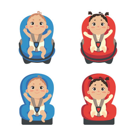 Baby girl and boy sitting in automobile seat. Set of car chair for baby. Front view of carseat. Vector illustration on white background.のイラスト素材