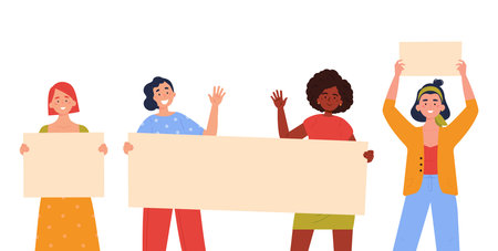 Teenagers showing posters. Collection of young women standing and holding blank banner. Female...